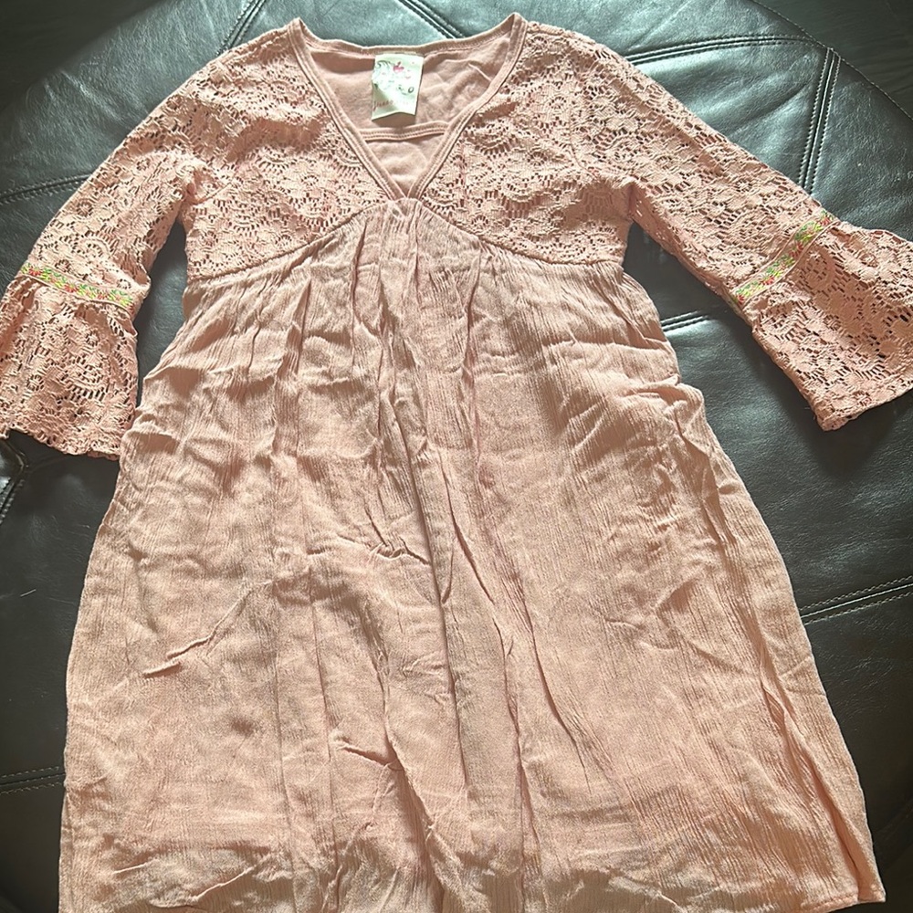 Pink Babydoll Dress with Bell Sleeves and V-Neck